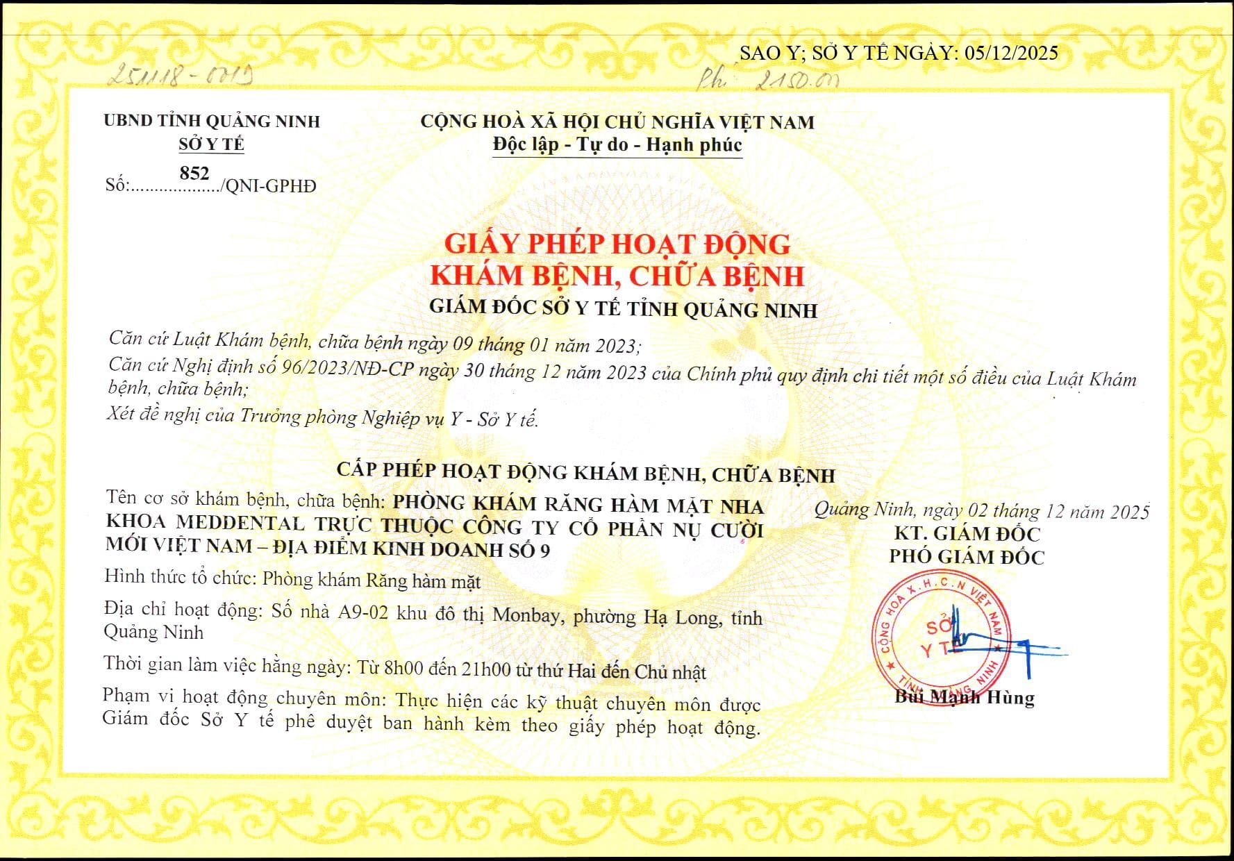 Giấy phép hoạt động 852/QNI-GPHĐ của MedDental Hạ Long Quảng Ninh