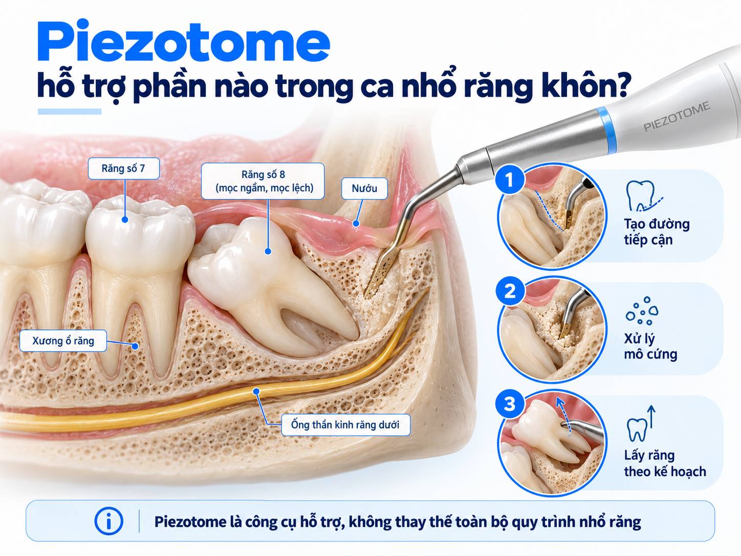 Minh họa Piezotome hỗ trợ xử lý xương quanh răng khôn mọc ngầm