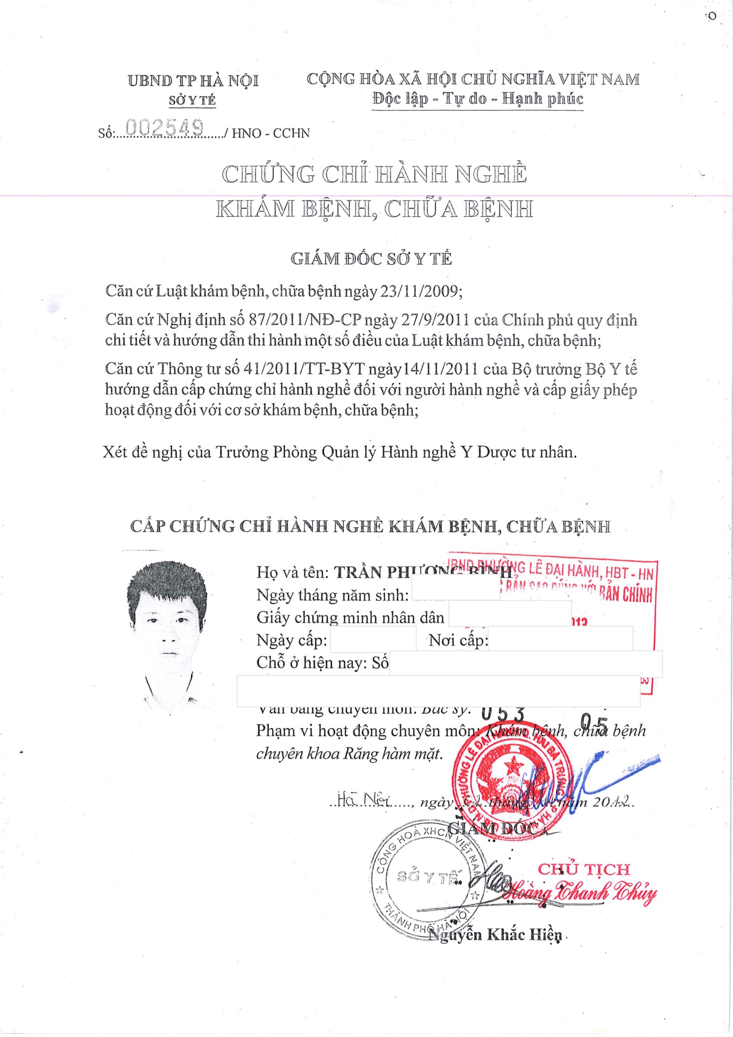 Chứng chỉ hành nghề bác sĩ Trần Phương Bình