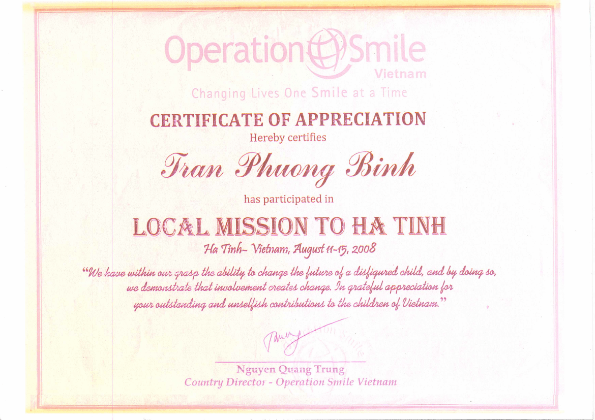 Chứng nhận hoạt động phẫu thuật nhân đạo của Operation Smile dành cho ThS.BS Trần Phương Bình.