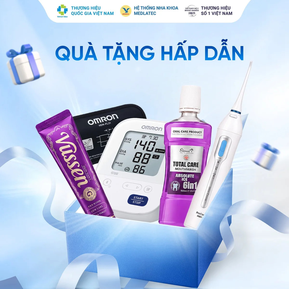 Quà tặng Ngày hội Răng sứ MedDental gồm kem đánh răng Vussen, nước súc miệng Total Care, máy đo huyết áp Omron và máy tăm nước